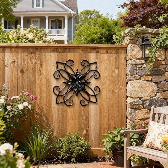 Glitzhome Black Metal Wall Art Decor, 20 Inch Iron Wall Decor with Clematis Scroll Pattern, Indoor Outdoor Wall Accent for Garden Porch Patio