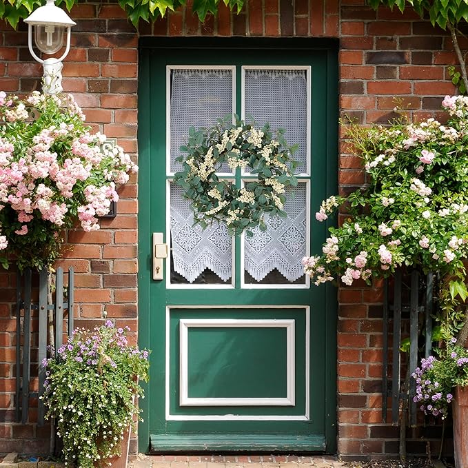 YNYLCHMX 18" Spring Summer Wreaths for Front Door, Artificial Floral Wreath with White Berries and Eucalyptus Leaves, Green Foliage Wreath for Wall Window Farmhouse Party Holiday Home Decor