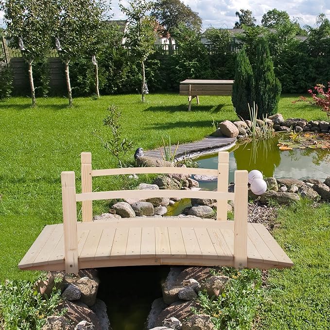 VINGLI 4 ft Garden Bridge, Arch Walkway Wooden Bridge with Safety Rails Natural Finished, Decorative Landscaping Footbridge for Koi Pond, Dry Creek Bed, Garden Pathway or Japanese Zen Decor