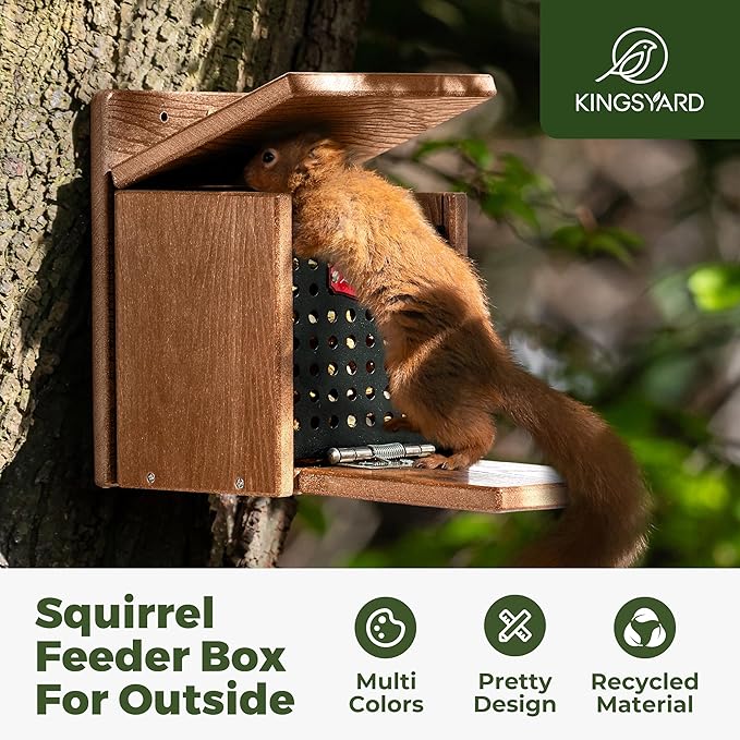 Kingsyard Squirrel Feeder Box for Outside, Recycled Plastic Squirrel Feeder with Removable Metal Front Panel & Perch, Easy to Fill & Clean, Weather-Proof Roof (Brown)