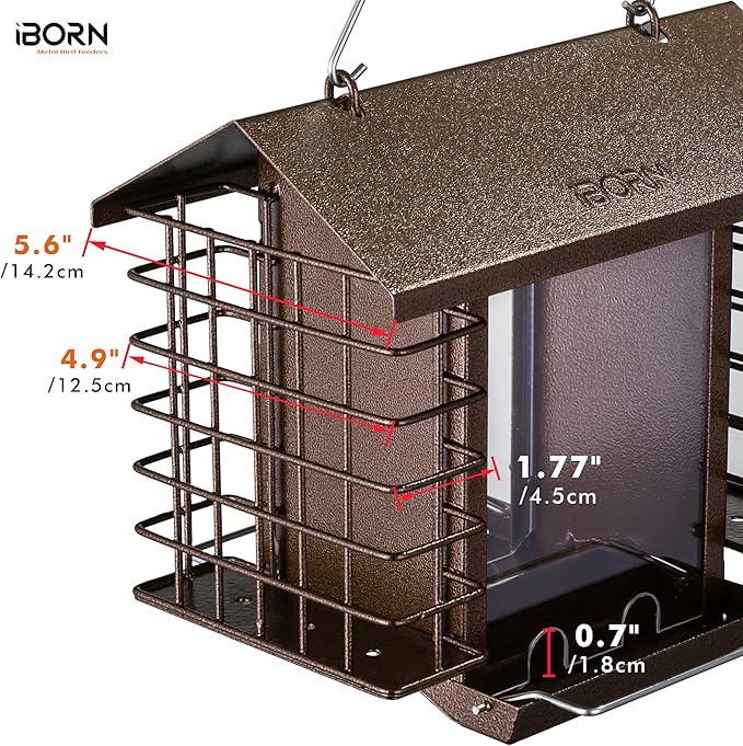 iBorn Bird Feeders for Outdoors,Bird Feeder with Double Suet Holders,Suet Feeder for Outside,Weatherproof Metal Roof,Easy to Refill&Clean,3.2 LBs Seed Capacity+2X Cake,1 Pack,Coffee Roof & Coffee Grid