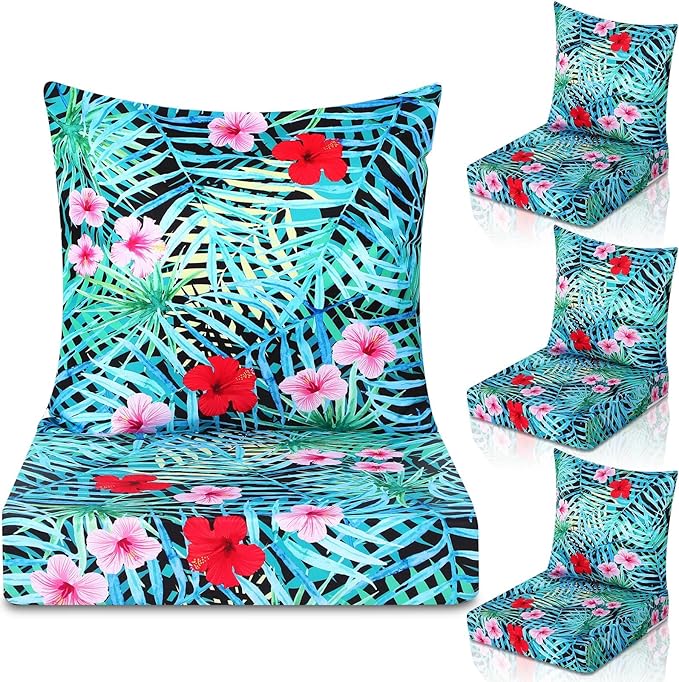 Hoteam 4 Set Outdoor Chair Patio Cushions Deep Seat Waterproof Chair Cushions 20 x 20 Inch for Patio Furniture Set Replacement Removable Seat and Back(Leaf)