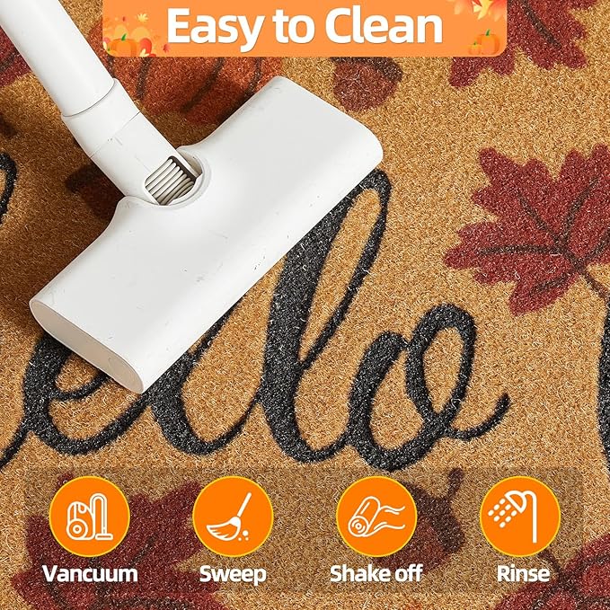 Hello Fall Pumpkin Door Mat Autumn Welcome Mat for Front Door Outdoor Entrance Doormat Coir Dirt Trapper with Non Slip Backing,17x30, Maple Leaves