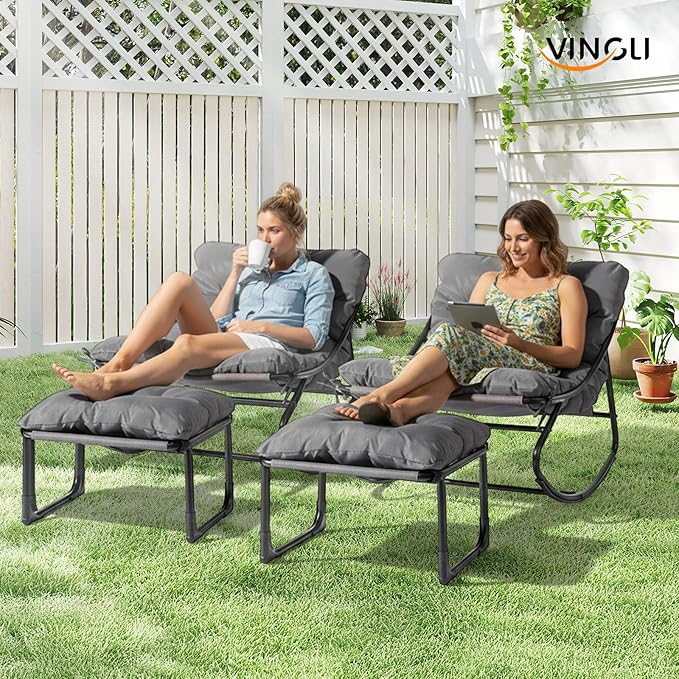 VINGLI Outdoor Rocking Chair with Ottoman, Comfortable Cushioned Lounge Chair for Indoor & Outdoor, Supports 400 LBS, Grey