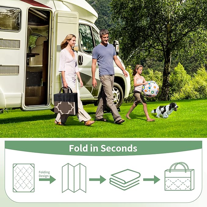 GENIMO 9' x 12' Outdoor Rug Waterproof for Patio Decor, Foldable Reversible Plastic Straw Area Rugs Mat for Camper, Outside Carpet for Rv, Deck, Porch, Picnic, Beach, Balcony, Coffee & Beige