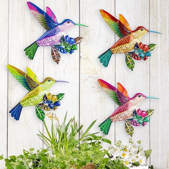 SUNREEK 4 Pack Metal Hummingbird Wall Art, Hanging Birds Outdoor Fence Decorations for Garden Patio Yard Living Room Door Balcony