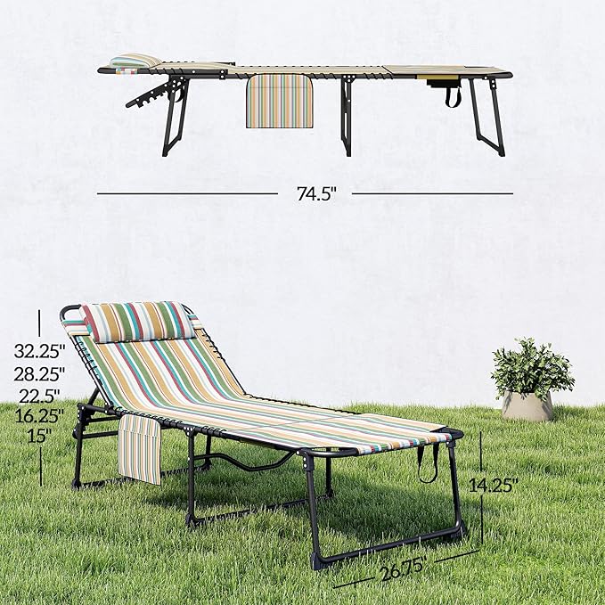 Outsunny 2 Piece Folding Chaise Lounge with 5-Level Reclining Back, Tanning Chair with Face Hole, Outdoor Lounge Chair with Side Pocket & Headrest for Beach, Yard, Patio, Rainbow Striped