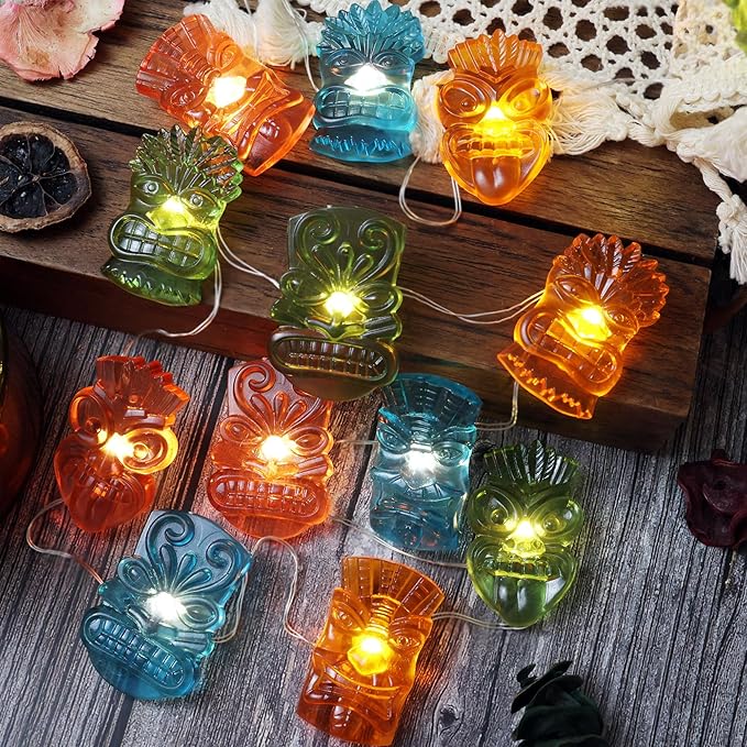 Hawaiian Luau and Summer Party Decorations, 7FT 20PCS Tiki Mask LED String Lights, Waterproof Battery Operated Tropical Fairy Lights for Backyard Porch Patio Pool Garden Bar Festive Lighting