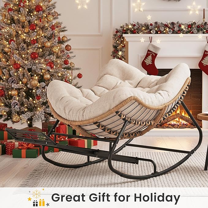 SWITTE Outdoor Papasan Rocking Chair with Adjustable Footrest, Oversized Wicker Zero-Gravity Chair with Cushion, All-Weather Lounge for Patio, Living Room-Cream