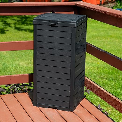 Sunnydaze 39-Gallon Patio Trash Can with Lid - Outdoor Garbage Can with Built-in Drip Tray - Weather-Resistant Resin - Black