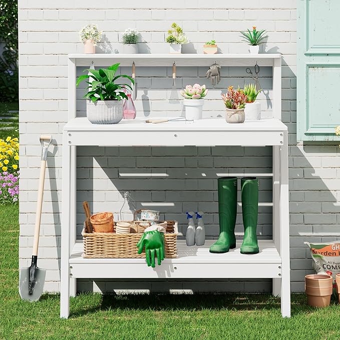 SERWALL Potting Bench Outdoor with Storage, 3-Tier HDPE Gardening Table with Angled Legs & Tool Hooks, All-Weather Heavy Duty Potting Table for Patio, Backyard, Garden,White