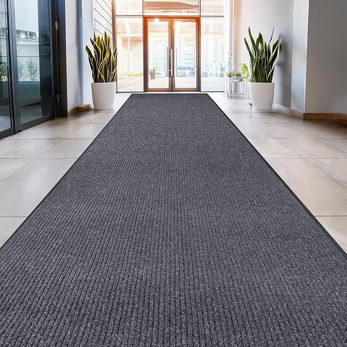 LuxUrux Striped Gray Door Mat - Heavy Duty, Indoor/Outdoor, Easy Clean, Waterproof, Low-Profile (4 x 10 Feet) - Ideal for Entry, Patio, Garage - Durable Solution for High Traffic Entrance Ways