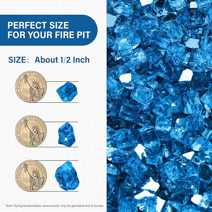 NUPICK 5 Pound Fire Glass, 1/2 Inch Reflective Fire Pit Glass, Tempered Firepit Glass Rock for Propane or Natural Gas, Glass Rocks for Fire Pit Table or Fireplace, Pacific Blue Reflective
