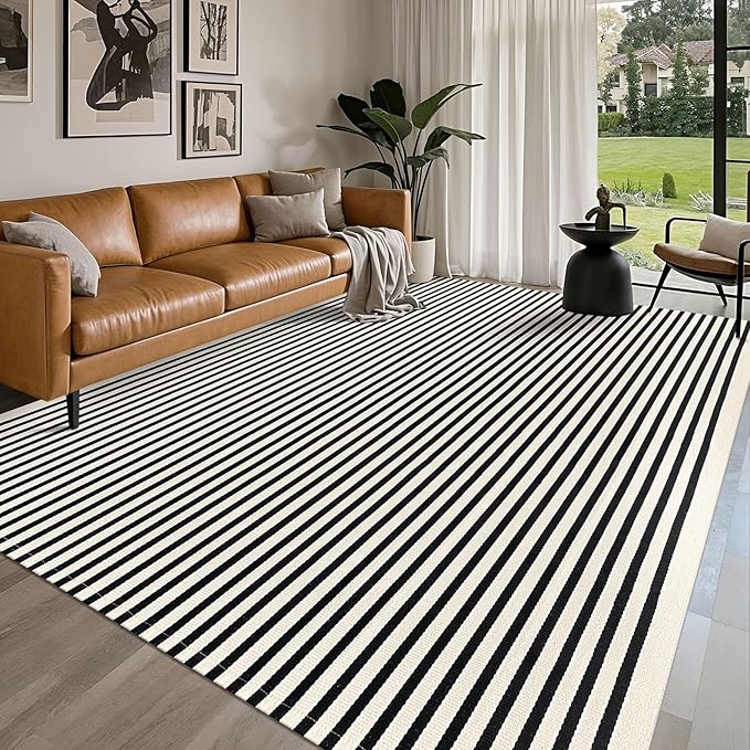 IOHOUZE Black Beige Striped Rug -8'x10' Indoor Outdoor Rug, Washable Area Rug for Living Room, Large Patio Rug, Cotton Striped Rugs for Patio Living Room Bedroom