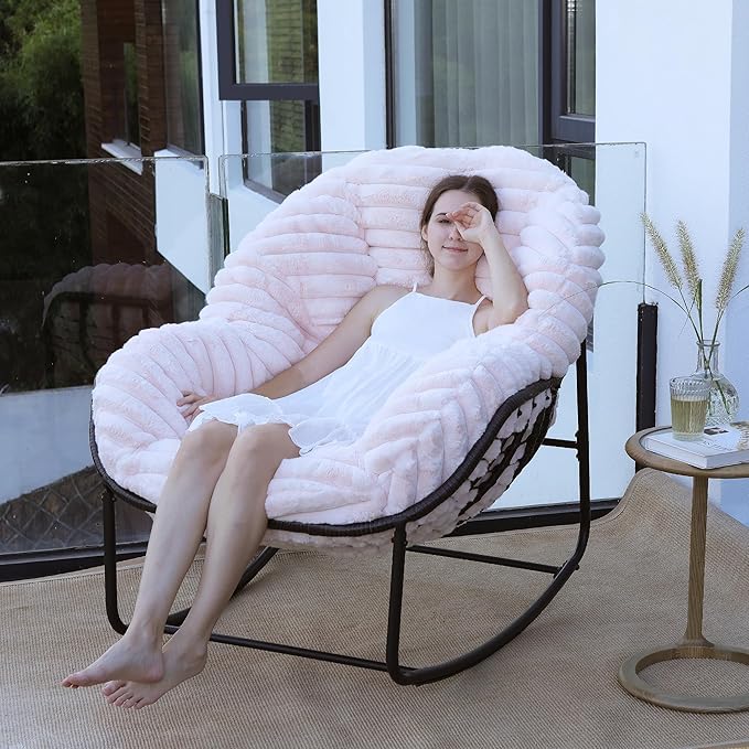 Outdoor Rocking Chair, Patio Wicker Egg Chair, Indoor Comfy Oversized Papasan Chair with Padded Cushion, Royal Rattan Rocker for Front Porch, Garden, Patio (Pink)
