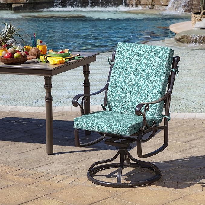 Arden Outdoor Patio Dining Chair Cushion, 20x44, Rain-Proof Seat Pad, Fade-Resistant Outdoor Cushion Turquoise Daphne Medallion