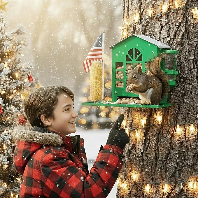 Metal Squirrel Feeder for Outside, Hanging Squirrel House for Outdoors with Water Bottle, Flag and Corn Cobs Holder, Peanut Feeder for Chipmunks, Easy to Mount on Trees or Fences