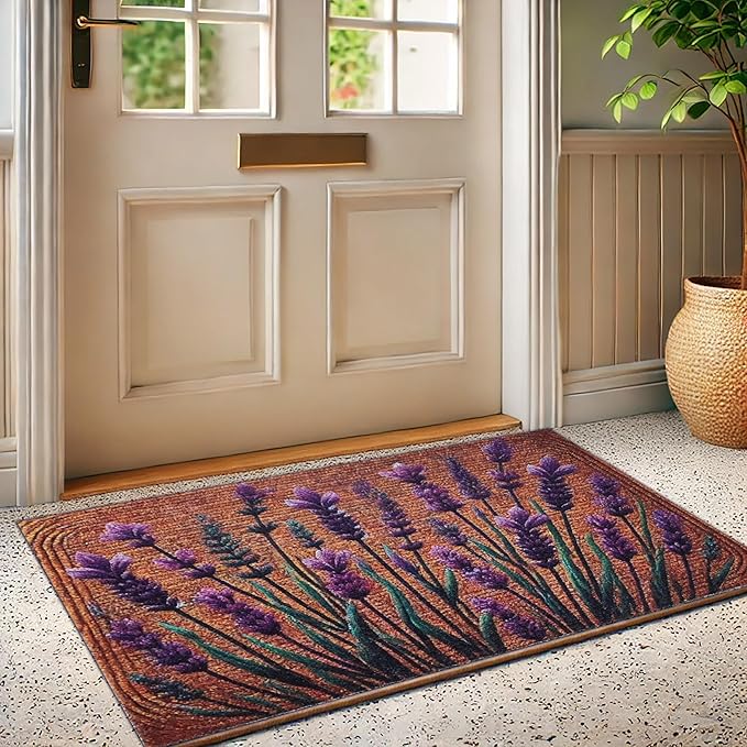 Floral Front Door Welcome Mat, Aesthetic Cute Flower Doormat, Non-Slip Outdoor Entryway Rug,19”x 31" (12.Lavender Leaf)
