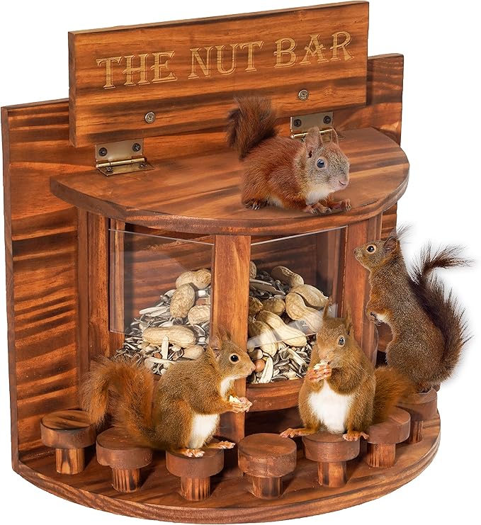 MIXUMON Crescent Squirrel Feeder Table, Wooden Squirrel Picnic Table Feeder, Outside Squirrel Feeders Corn Cob, with Solid Structure, Stable Squirrels Stool Bar, 12.6 x 13.3 x 6.7 Inches