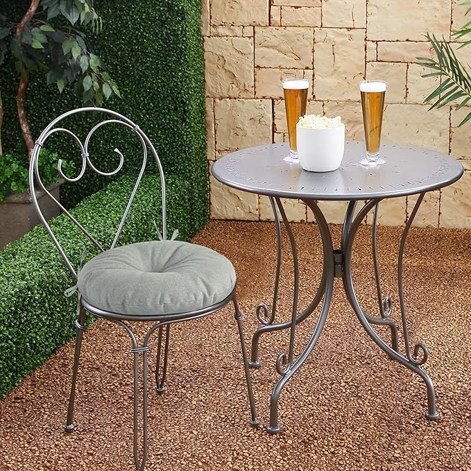 Magpie Fabrics Outdoor 15"x15"x4" Round Bistro Seat Cushions with Ties Set of 2, Tufted Waterproof Patio Floor Chair Pads for Home Garden Balcony Kitchen Office Porch, Grey