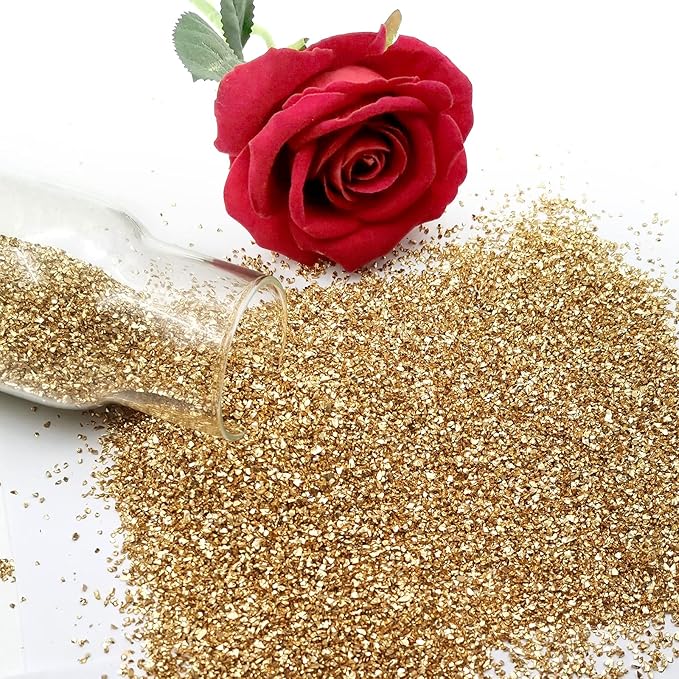 1 lb Crushed Glass Glitter for Crafts, DIY Nail Art, Vase fillers for Centerpieces Table Scatter, Irregular Chips, Wedding Decoration, Home Decor (Gold)