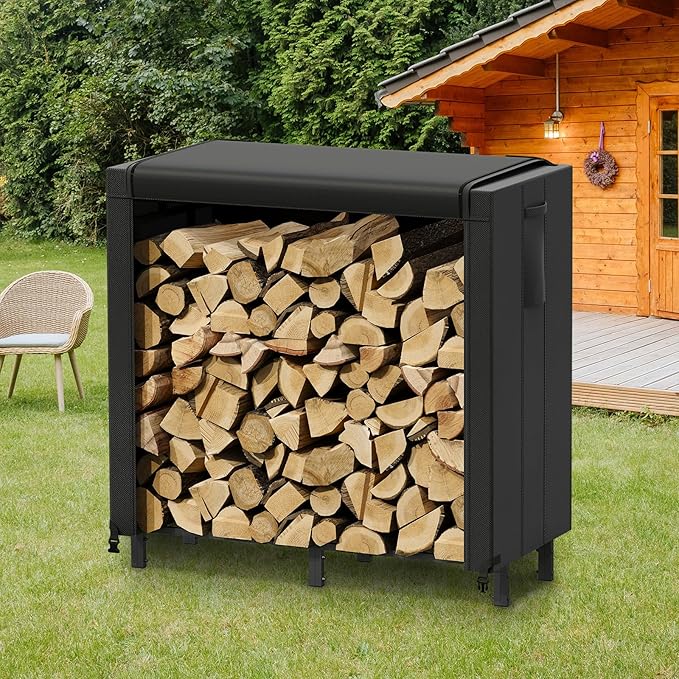 Lifewit 4 FT Firewood Rack Outdoor with Waterproof Cover, Indoor/Outdoor Wood Storage with Side Pocket, Heavy Duty Firewood Holder for Fireplace, Fire Pit, Black, 122 x 59 x 122 cm/48 x 23 x 48 inch