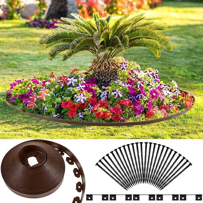 Sasylvia 1.5'' x 200' Landscape Edging Kit Edging Border Coil Include 120 Anchoring Spikes 10 Connectors Plastic Garden Border for Lawn Garden Grass Yard Home(Brown)