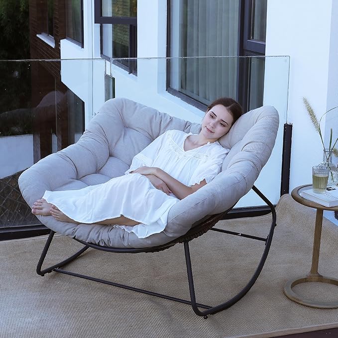Rocking Papasan Chair, Oversized Outdoor Rocking Chair Rattan Rocking Chair with Deep Seat Thick Cushion, Patio Rocking Chair for Indoor/Porch/Garden (Light Grey & Black)