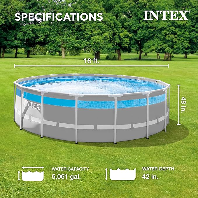INTEX 26729EH 16ft x 48in Prism Frame Clearview Above Ground Swimming Pool Set, Includes 1500 GPH Cartridge Filter Pump, SuperTough Puncture Resistant, Rust Resistant, 5061 Gallon Capacity
