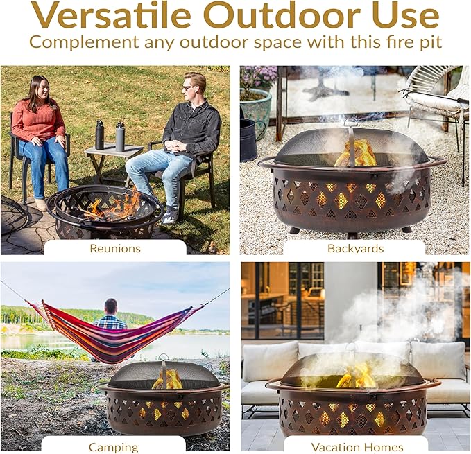 Sunnydaze Crossweave Outdoor Fire Pit - Wood-Burning Fire Pit for Outside with Spark Screen, Poker and Round Cover - 36-Inch - Bronze