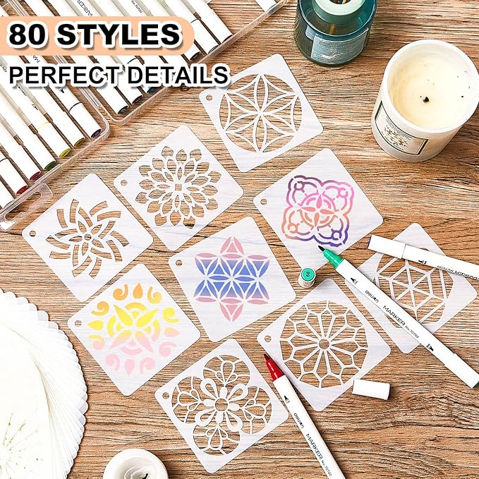 80 Pieces Mandala Stencils for Painting 3 x 3 Inch Mandala Painting Craft Stencils Reusable Templates for Wood Rocks Furniture Wall Floor DIY Art Projects Fabric Tile