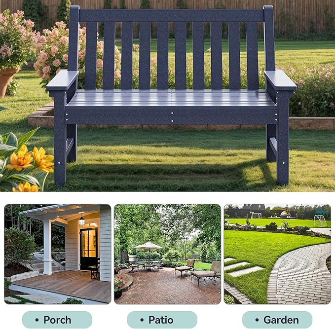 YITAHOME Garden Bench, All Weather Outdoor Bench for 2-3 Persons, Fade/Rot Resistance Patio Benches for Park, Porch, Patio & Backyard (Navy)