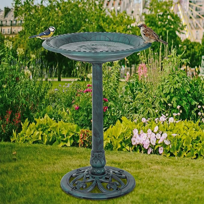 ZENY 28 Inch Height Polyresin Bird Bath Antique Outdoor Garden Decor Vintage Yard Art, Green