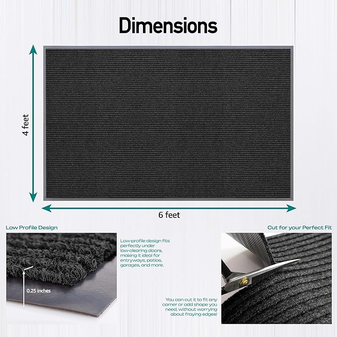 LuxUrux 4x6 Ft Premium Rubber Door Mat – Elegant Heavy Duty Waterproof Entrance Mat for Indoor/Outdoor Use, Non-Slip, Easy to Clean Low-Profile Doormat – Modern Black Striped Design for Home & Office