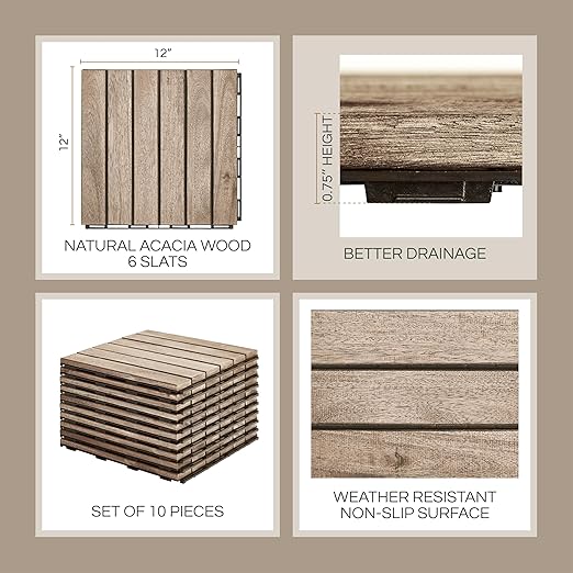 10 Pcs Deck Tiles, Patio Flooring - Outdoor Waterproof Acacia Wood Tiles for All Weather Use - Balcony, Backyard, Indoor & Outdoor (White Striped Pattern, 10 Square Ft)