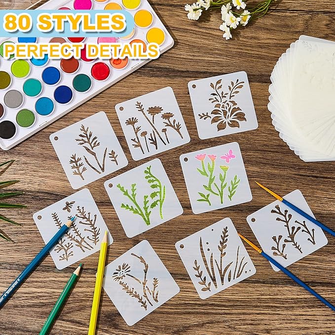 Teling 80 Pcs Flower Stencils Spring Bouquet Painting Stencils Reusable Wildflower Small Botanical Floral for Painting on Wood Wall Canvas Crafts Home Furniture Sign, 3 x 3 Inch