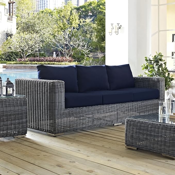 Modway EEI-1874-GRY-NAV Summon Wicker Rattan Outdoor Patio Sofa with Sunbrella Fabric Cushions, Canvas Navy