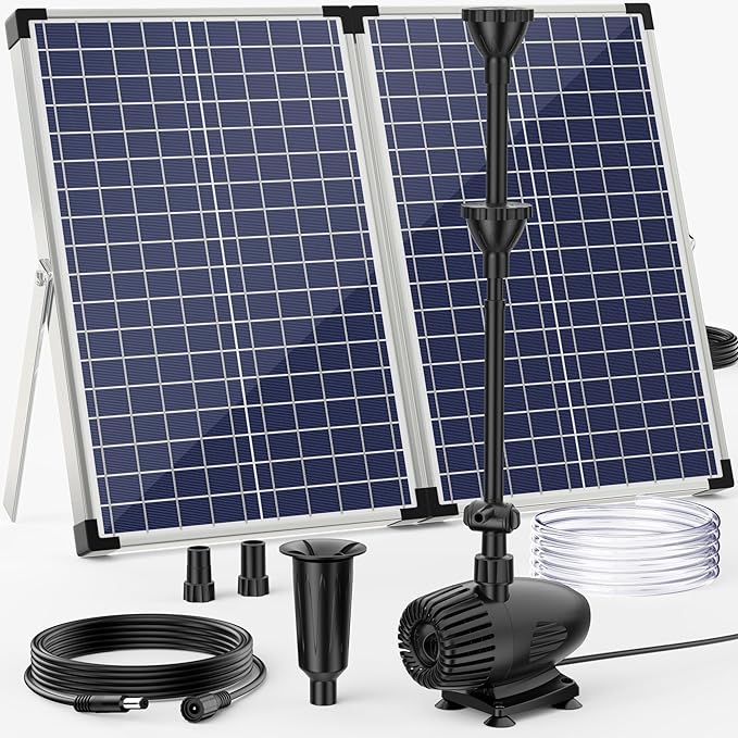 POPOSOAP 70W Solar Pond Pump,Solar Fountain Pump 580GPH Adjustable Flow, Outdoor Solar Water Pump with 17Ft+10Ft Cord & 6.6Ft PVC Tubing for Ponds, Fountain Waterfall-P170H