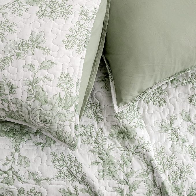 Wonderful Sage Green Floral Quilt Set Queen Size Cotton Stitch Bedding, Lightweight Comforter with Pillow Shams 3pcs Soft Cabin Bedspread Coverlet for All Season