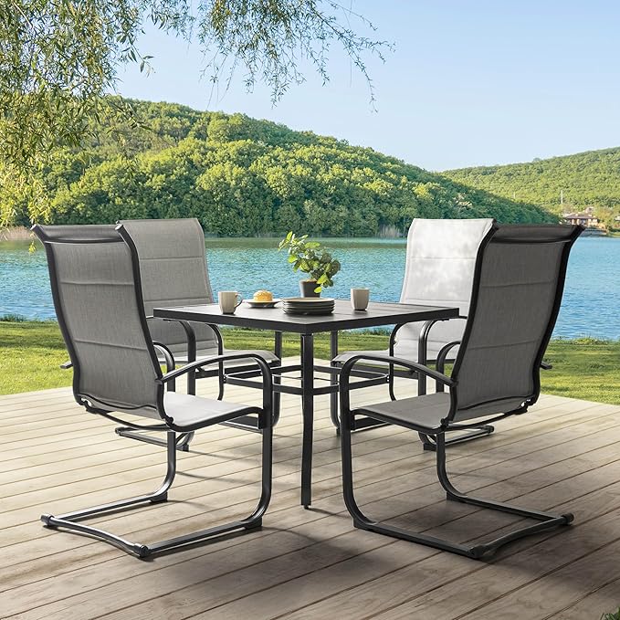 NUU GARDEN 5 Piece Outdoor Dining Set, 4 Textilene Dining Chairs and 37" Square Dining Table with 1.57" Umbrella Hole, for Backyard, Patio, Garden, Gray and Black