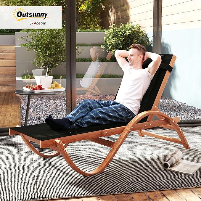 Outsunny Larch Wood Lounge Chair, 4-Level Adjustable Tanning Chair, Full Flat Patio Lounger with Mesh Seat, Outdoor Sun Chaise for Patio Beach, Black