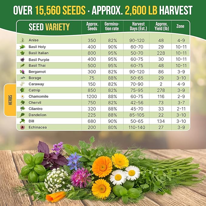 Organo Republic 30 Medicinal Tea Herb & Flower Seeds Variety Pack - 13600+ Non-GMO Heirloom Flower Seeds for Outdoor & Indoor Garden, Including Bergamot, Catnip, Calendula, Dandelion, Lovage, Zinnia