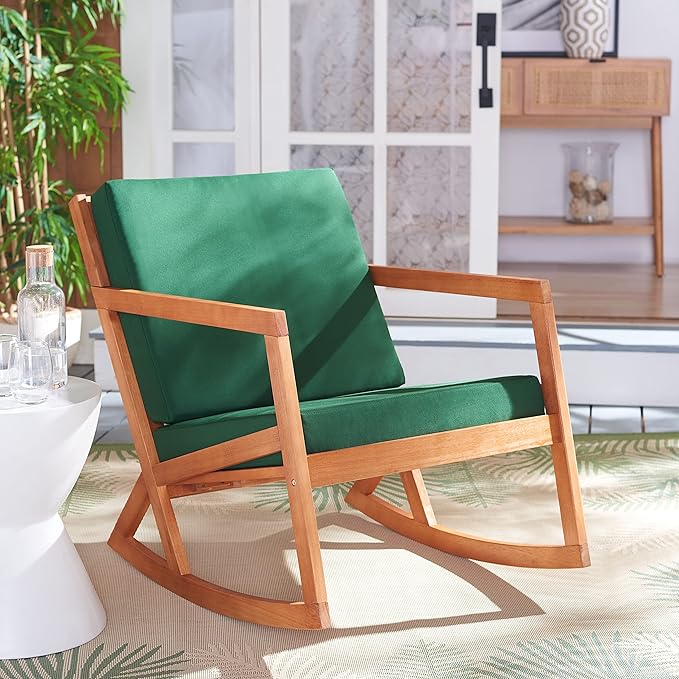 Safavieh Outdoor Collection Vernon Wood Cushion Rocking Chair PAT7013N, Natural/Green