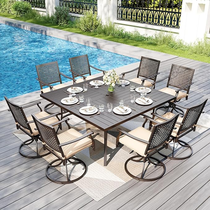PHI VILLA 9 Pieces Outdoor Dining Set for 8, 60” Square Metal Wrought Iron Table & Swivel Steel Chairs with Cushions, Large Furniture Set for Outdoor Deck, Yard, Porch - Black