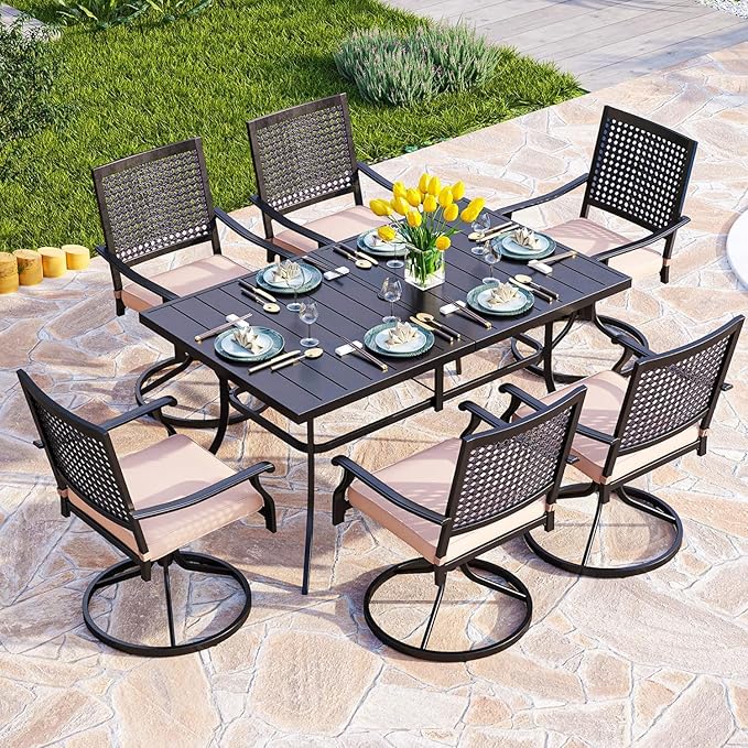 PHI VILLA 7 Pieces Outdoor Dining Set for 6, Rectangular 60" Steel Dining Table & Wrought Iron Swivel Dining Chairs with Cushions, Morden Dining Furniture Set for Patio, Deck, Porch