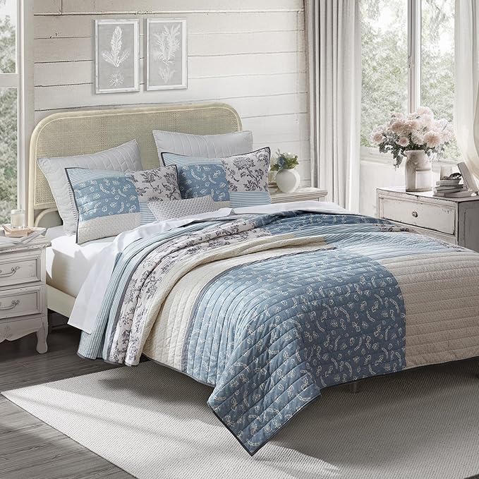 Wonderful 100% Cotton Patchwork Quilt King Size, Blue Beige Floral Stitch Bedding, Farmhouse Reversible Soft Pre-Washed Rustic Coverlet Bedspread for All Season 106"x94"