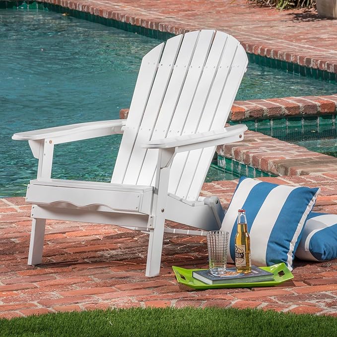 Merax Folding Adjustable Acacia Wood Adirondack Chairs, Water Proof Outdoor Wooden Fire Pit Lounge Reclining Chair for Yard, Garden, Patio, White