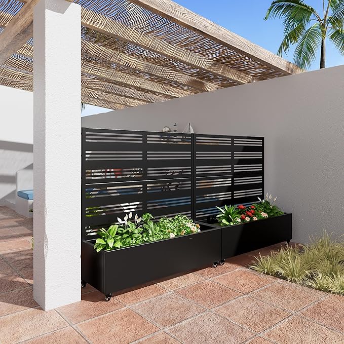 Casaphoria Metal Raised Garden Bed with Trellis and Wheels, 47"x47"x16" Planter Box for Climbing Plants, Vegetables & Vines, Features Drainage Holes and Privacy Screen (Black-Harold)