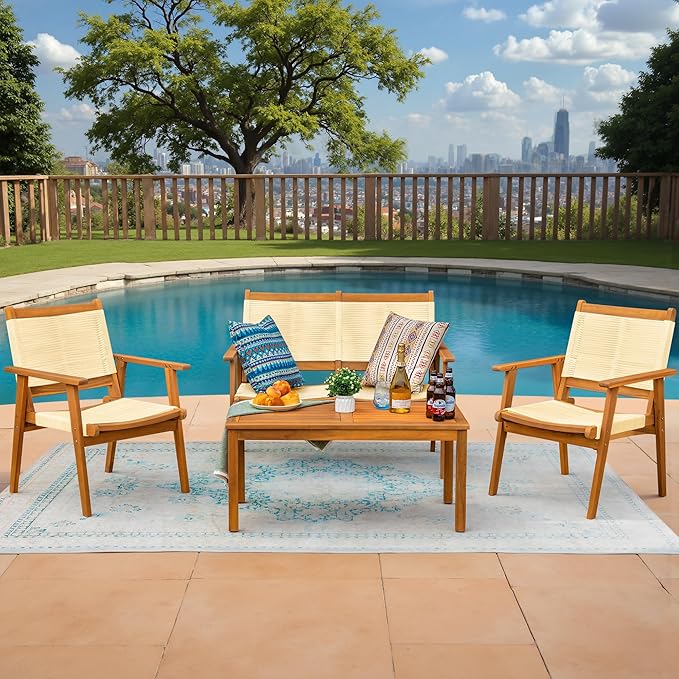 Devoko 4 Pieces Acacia Wood Patio Conversation Sets, Patio Furniture Set with Hand Woven Rope Seats and Back, Outdoor Chair and Table Set for 4 for Balcony, Backyard, Deck, Poolside