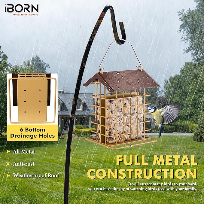 iBorn Suet Feeder for Outside Hanging,Suet Bird Feeders for Outdoors,Suet Holder with Squirrel Proof Hanger Hook,Suet Cage Bird Feeders,Woodpecker Feeder,Weatherproof Metal Roof,1 Pack,Muted Yellow